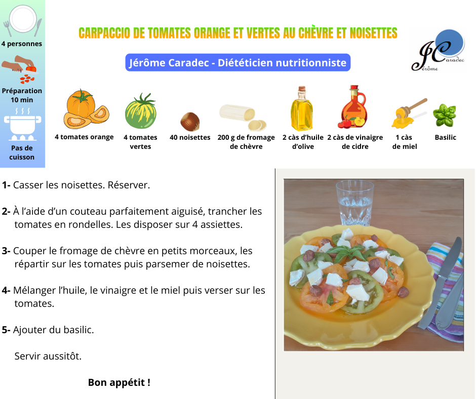 Carpaccio de tomates orange et vertes au chèvre et noisettes par Jérôme Caradec - Diététicien