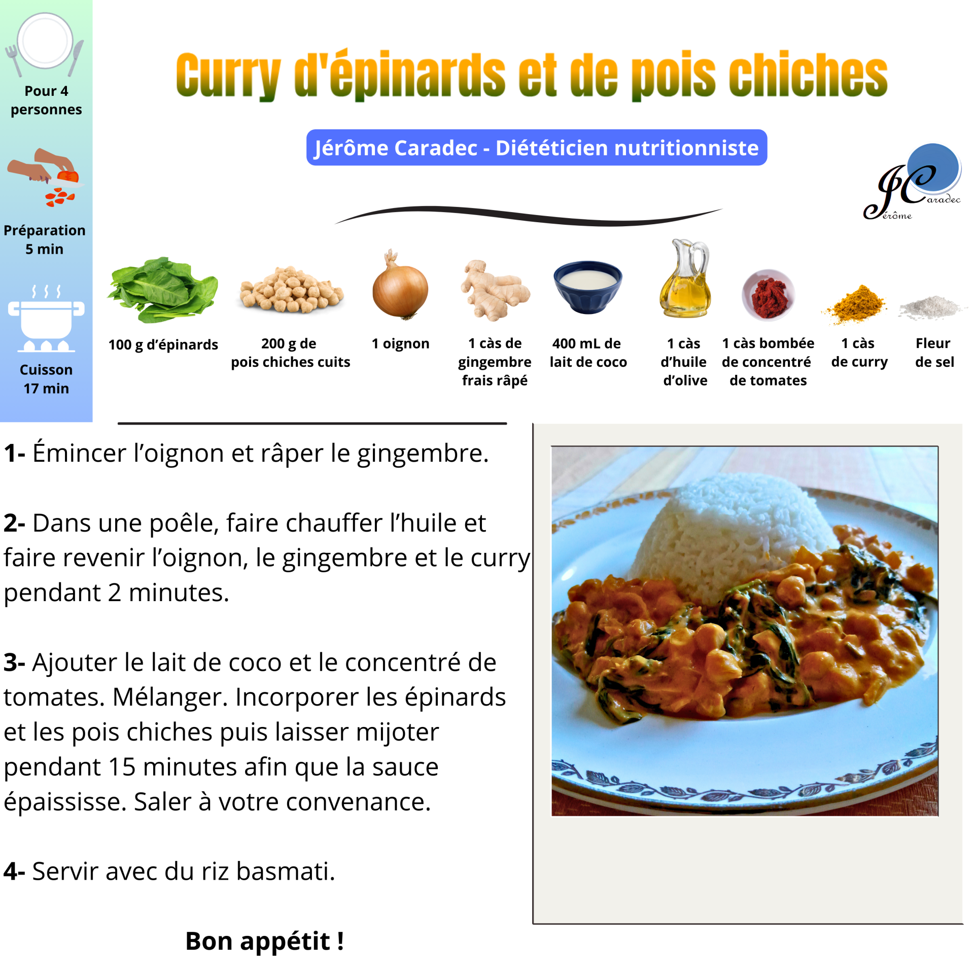 Curry d'épinards et de pois chiches de Jérôme Caradec - Diététicien nutritionniste