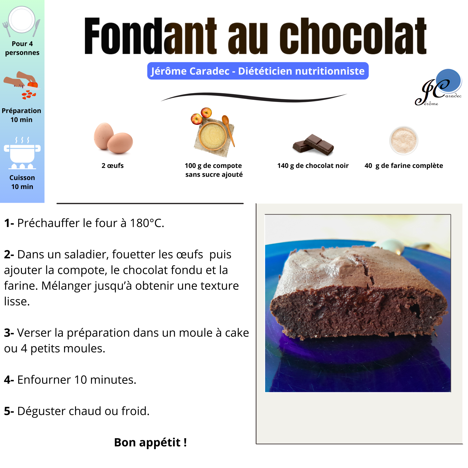 Fondant au chocolat sans sucre ajouté par Jérôme Caradec - Diététicien nutritionniste