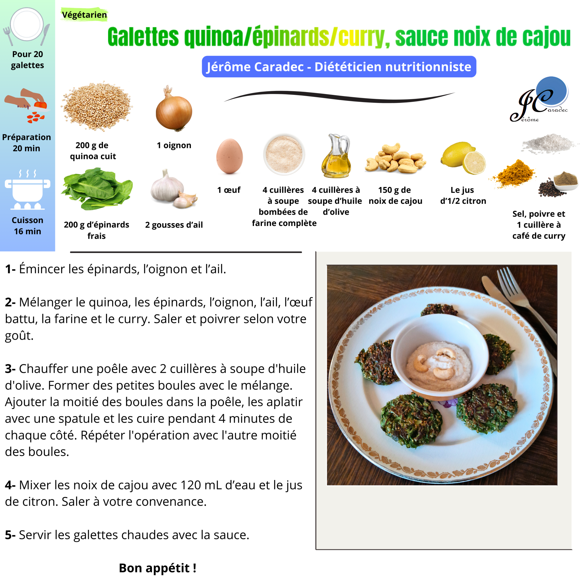 Les galettes quinoa/épinards/curry, sauce noix cajou de Jérôme Caradec - Diététicien nutritionniste