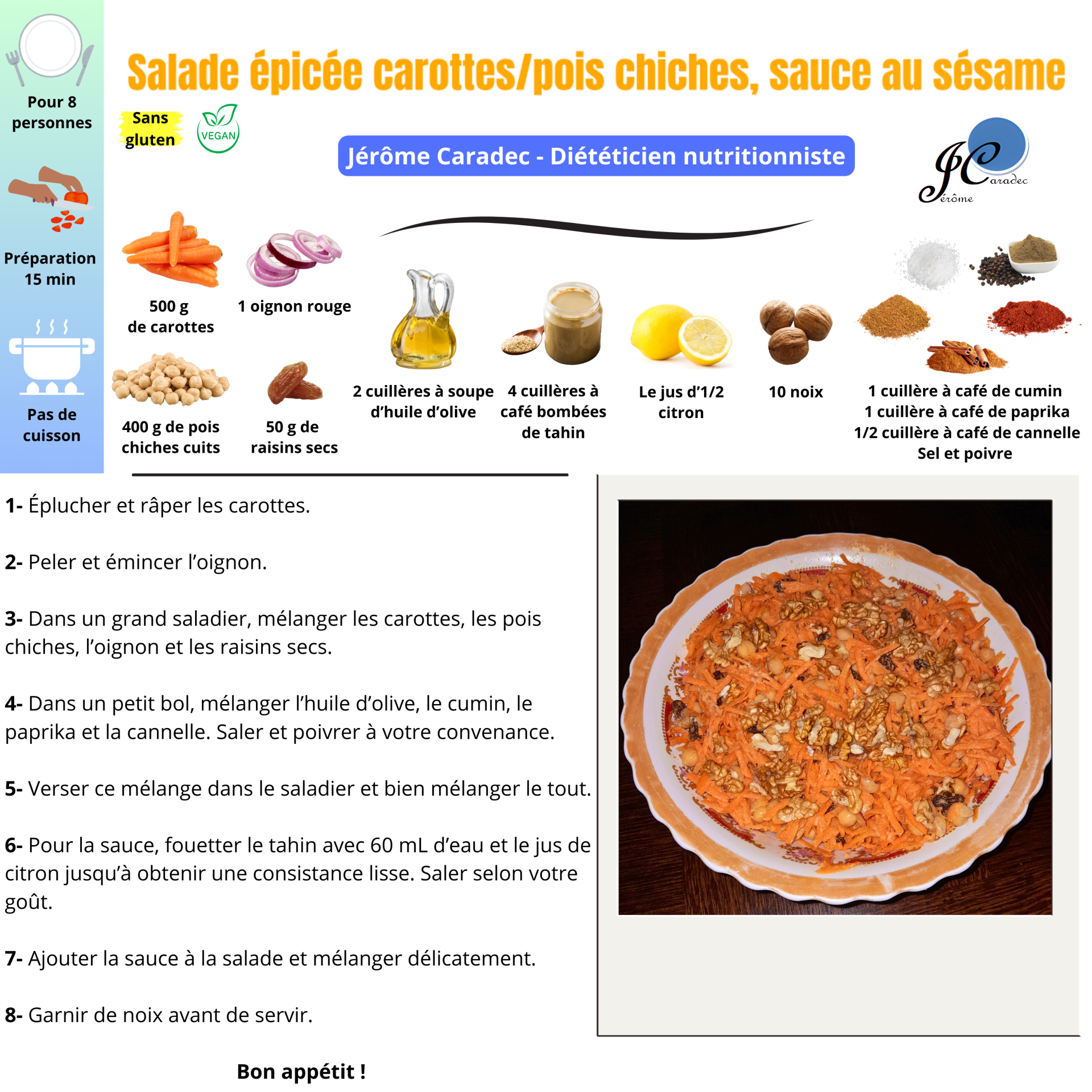 Salade épicée carottes/pois chiches, sauce au sésame de Jérôme Caradec - Diététicien nutritionniste